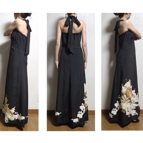 正絹アンティークと黒の着物　ロングワンピース　着物リメイク 受注制作 ✳︎1点物 ✳︎ アンティーク 正絹 着物リメイク