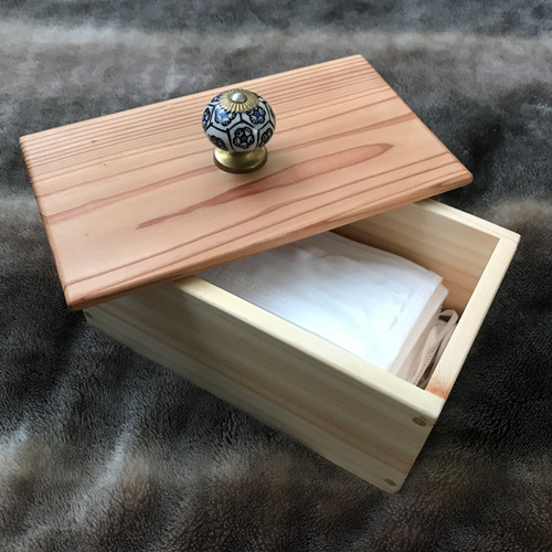 マスクケース 収納ボックス 木製 屋久杉 ヒノキ 無垢材 陶器ノブ