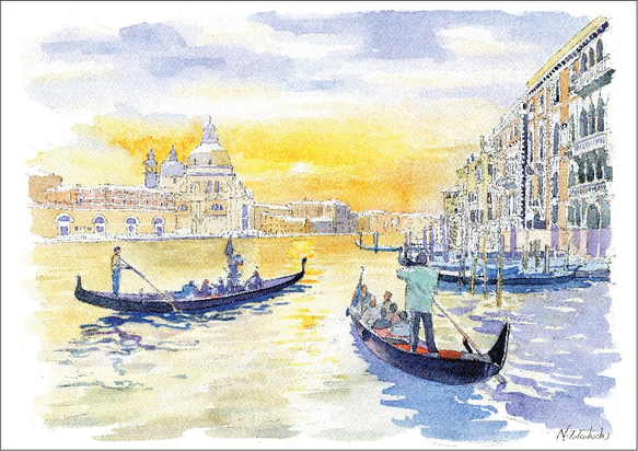 水彩画で描く風景『イタリア・ベネチュア』水彩画　A4　インテリア　絵画　季節　イラスト 1枚目の画像