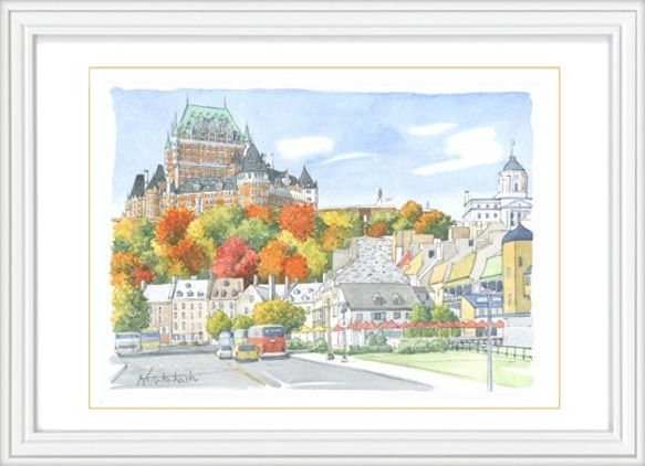 水彩で描く風景画『カナダ　フロントナック』ジグレ版画　水彩画　A4　インテリア　絵画　季節　イラスト 1枚目の画像
