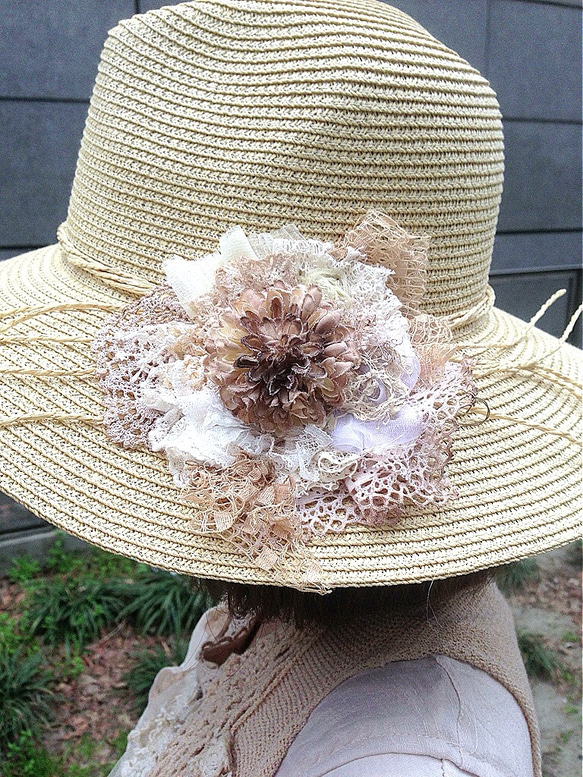 オリジナルリメイクコサージュ付き麦わら帽子 キャップ atelier Tears