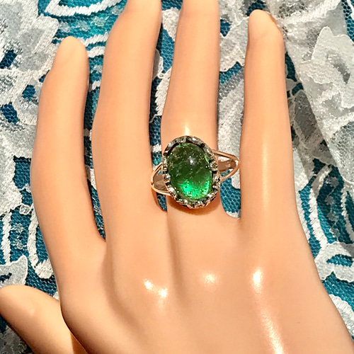 SV925 チェリーブランドのエメラルドグリーン vintageガラス ring