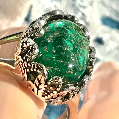 SV925 チェリーブランドのエメラルドグリーン vintageガラス ring