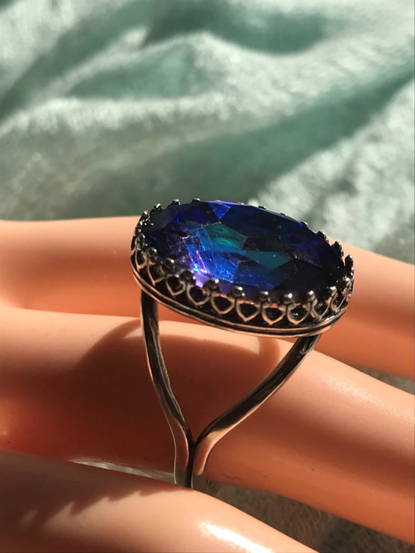 大粒のバミューダブルー vintage glass ring(８～２２号・SV925に変更可能） 5枚目の画像