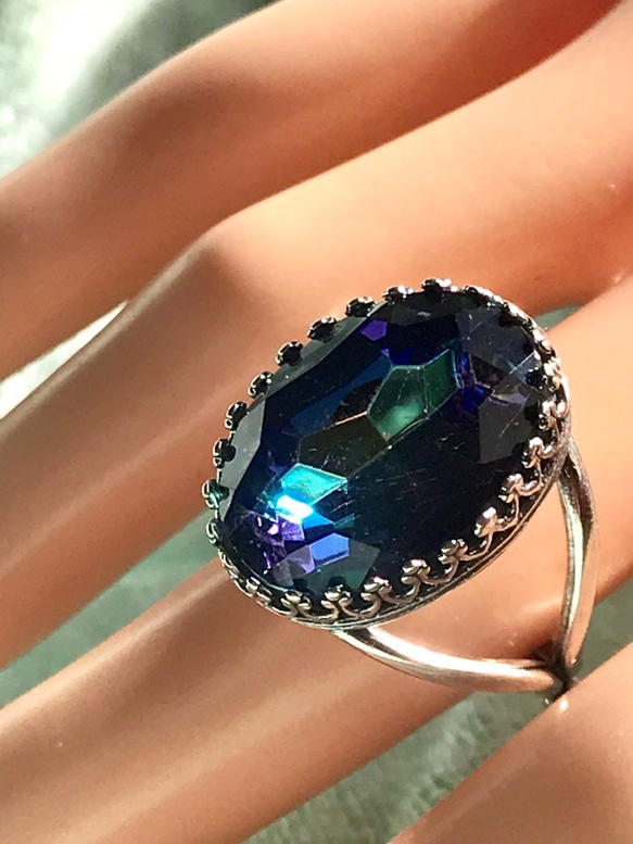 大粒のバミューダブルー vintage glass ring(８～２２号・SV925に変更可能） 8枚目の画像