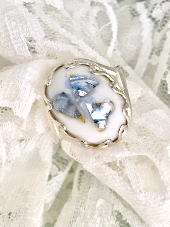 シルバーアバロンシェルとvintage glass ring（７~17号まで対応・ハートベゼル） 3枚目の画像