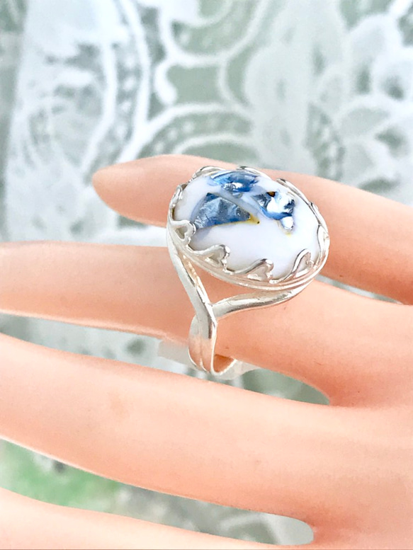 シルバーアバロンシェルとvintage glass ring（７~17号まで対応・ハートベゼル） 4枚目の画像