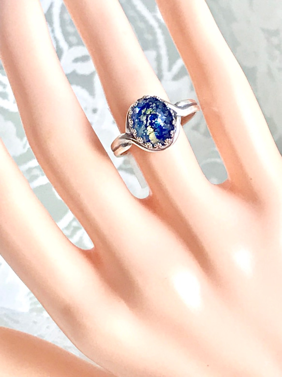 ハワイアン Blue ヴィンテージガラス foil marbled  ring（フリーサイズ） 3枚目の画像