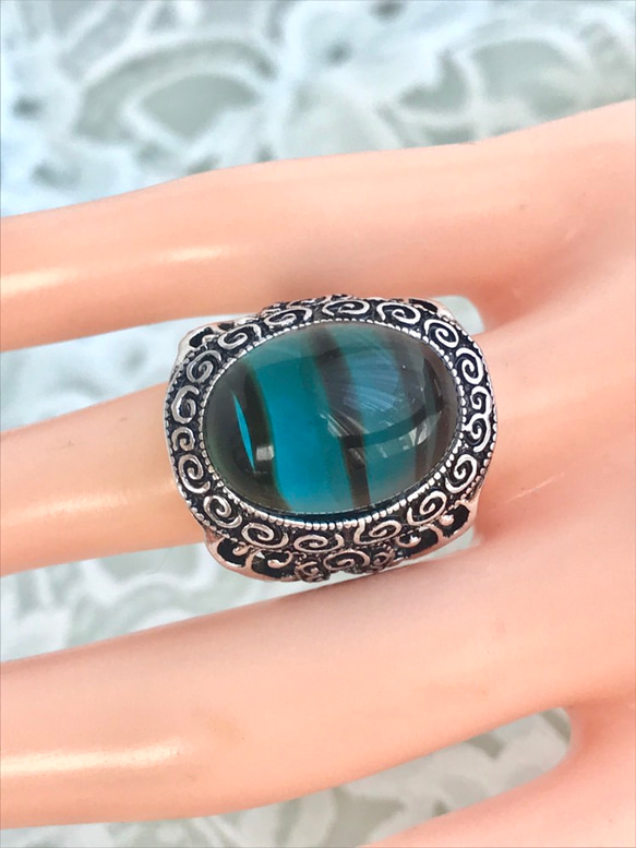 ターコイズブルー  stripes ブラック vintage  glass フィグリーring 6枚目の画像