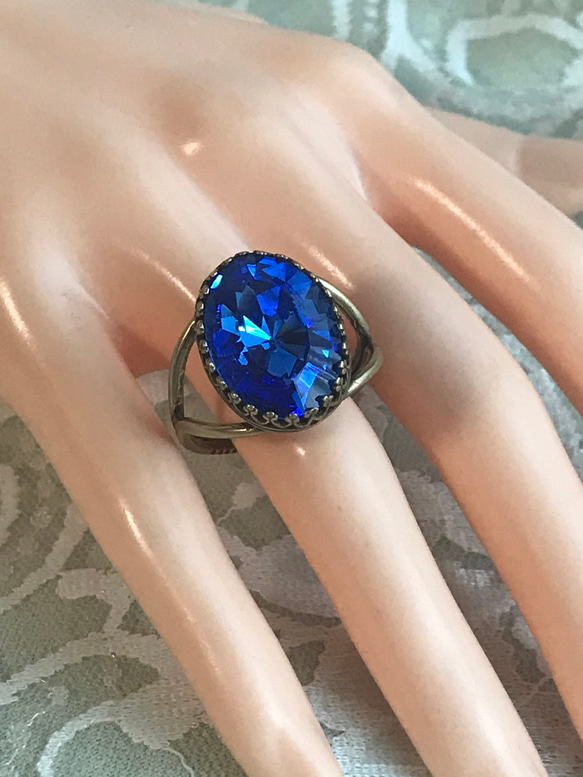 S1970 ブリリアント サファイア vintage glass ring（８～22号・アンティークゴールド） 4枚目の画像