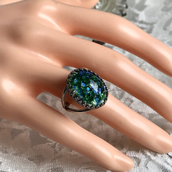 大粒 グリーン ファイアオパール vintage glass ring(SV925可能・８～23号) 6枚目の画像