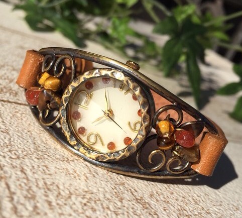 カーネリアン×タイガーアイ/天然石付きベルトウォッチ(受注生産)