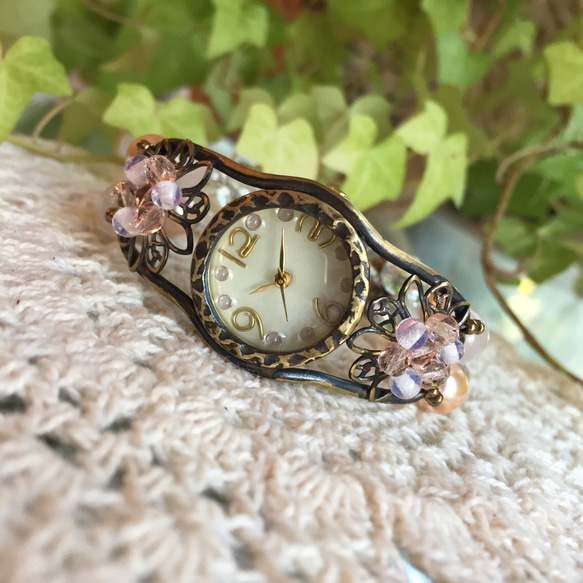 ローズクォーツと水晶の2連ブレスウォッチ【受注生産】 腕時計