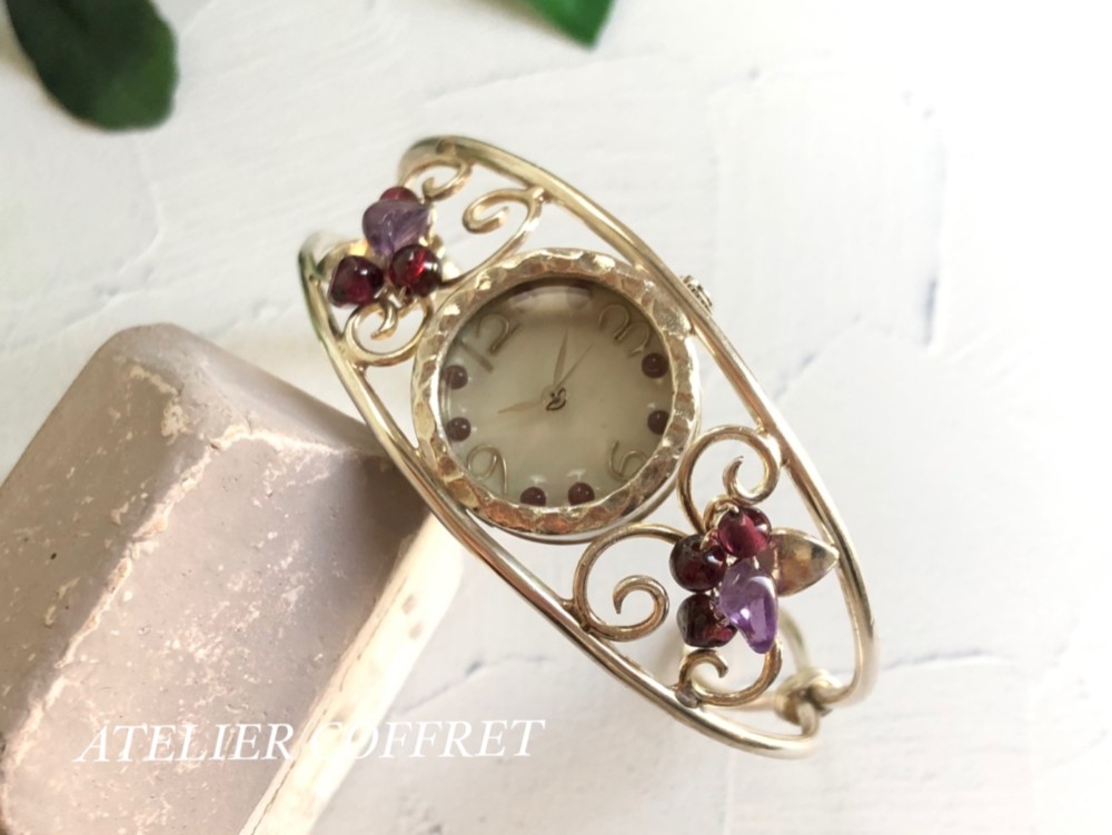 アメジスト&ガーネット/バングルウォッチ/天然石付き/シルバー【現品即納可・受注（再販）可】