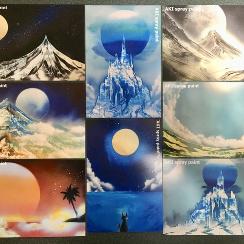 油彩画『感情のユートピア』 スプレーアートの風景画ポストカード8枚セット ポストカード AKI