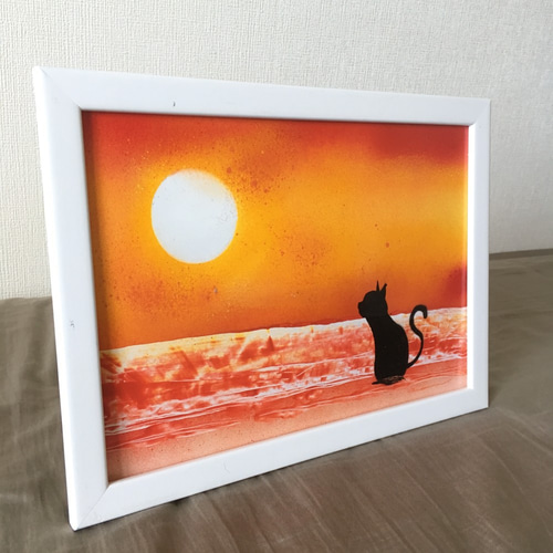 【 大感謝セール】 スプレーアート原画 猫と夕陽 （A4コート紙作品） 絵画 AKI 絵画