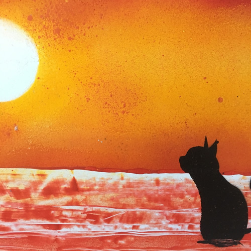 スプレーアート原画 猫と夕陽 （A4コート紙作品） 絵画 AKI