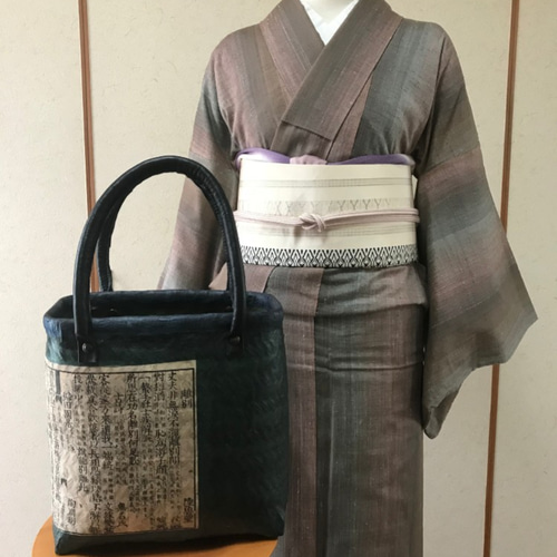 花と猫 一閑張り バッグ かごバッグ ハンドバッグ 茶トラ 古文書