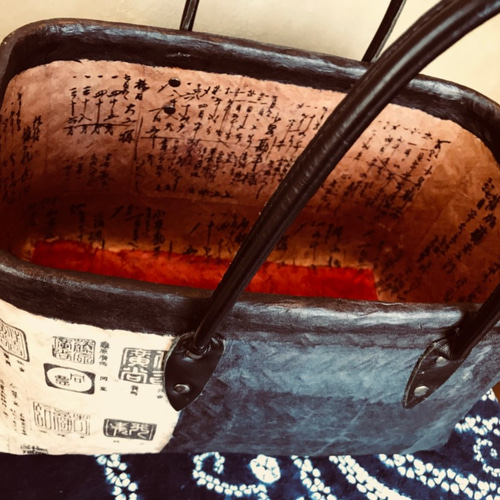 一閑張 籠 ショッピングバック 和モダン 和紙 柿渋 かごバッグ 白猫堂