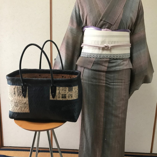 一閑張 籠 ショッピングバック 和モダン 和紙 柿渋 かごバッグ