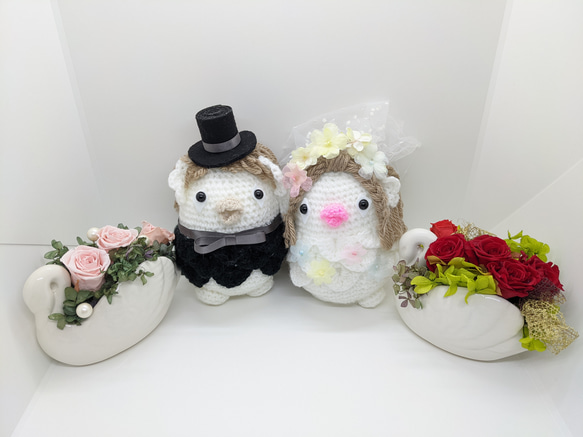 編みぐるみ♡Happy Wedding♡プレート飾り ☆結婚お祝いに☆ 編みぐるみのアマビエ新郎新婦さん♡ あみぐるみ