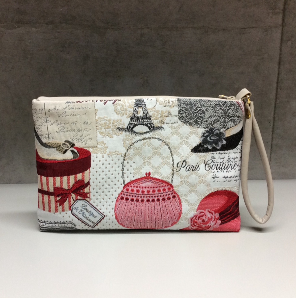 フランス布の 大きめポーチ 持ち手 ビニール製ポーチイン 付き