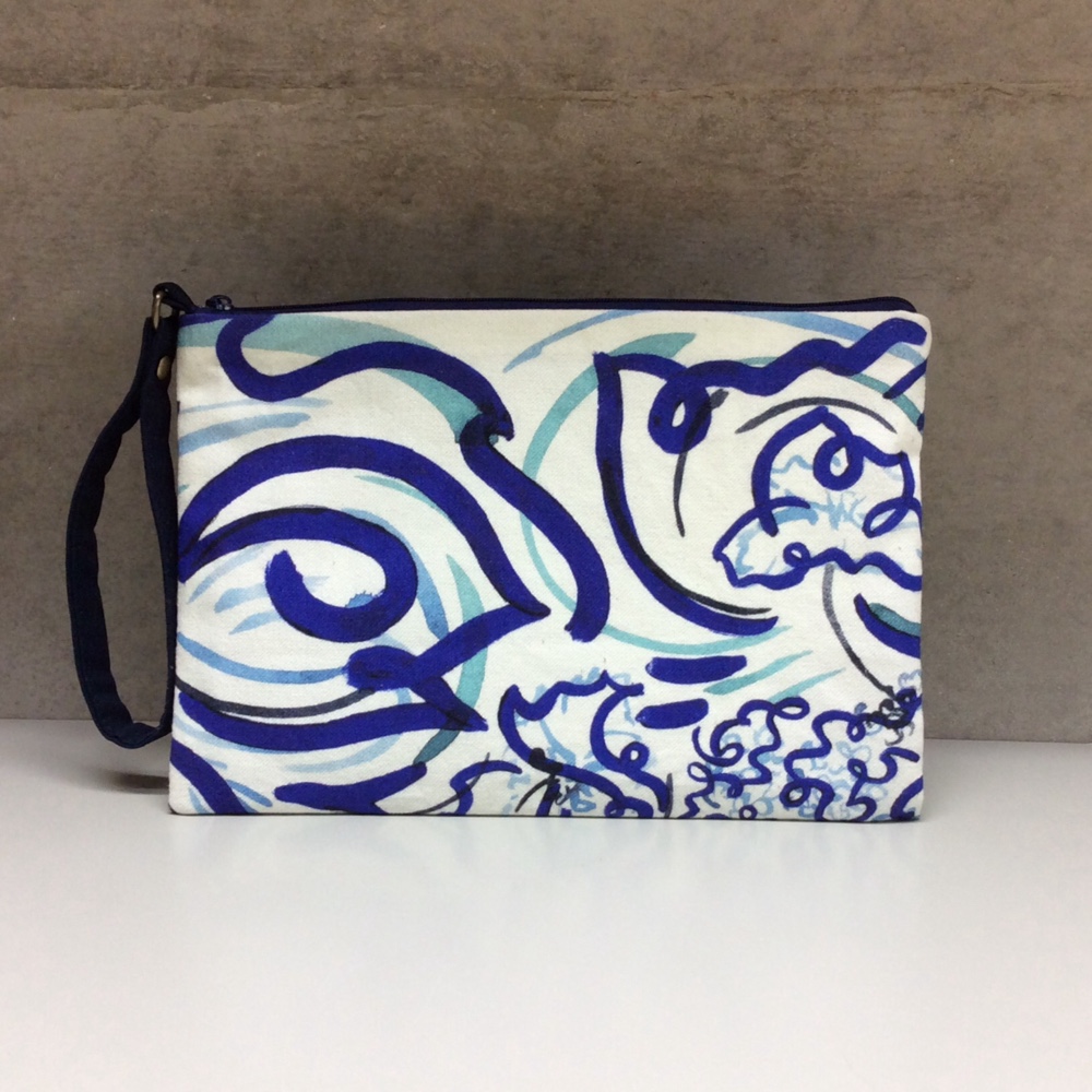 フランス布の 大きめポーチ 持ち手 ビニール製ポーチイン 付き