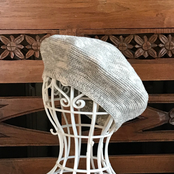 綿 レーヨン ニット帽子 ベレー帽  きなりxグレー 2枚目の画像