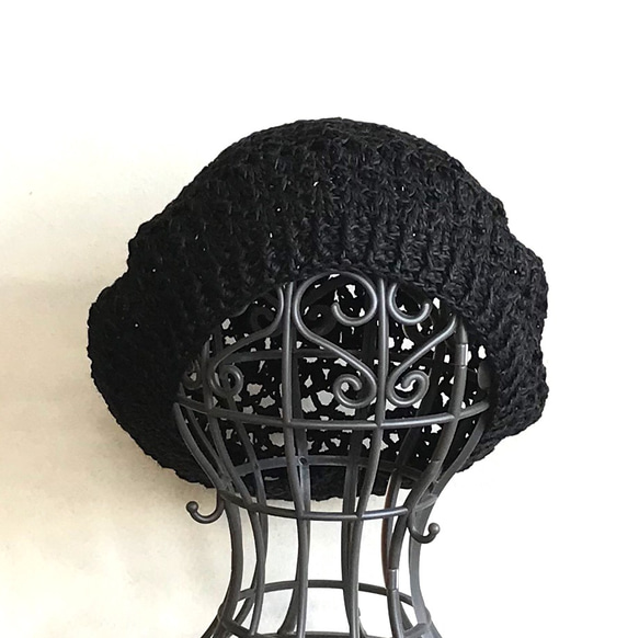 コットン 麻 ニット帽子  ブラック  ベレー帽 2枚目の画像
