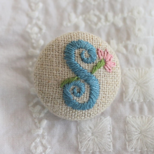 手刺繍＊アルファベット＊くるみボタン S (linen×cyan) ボタン