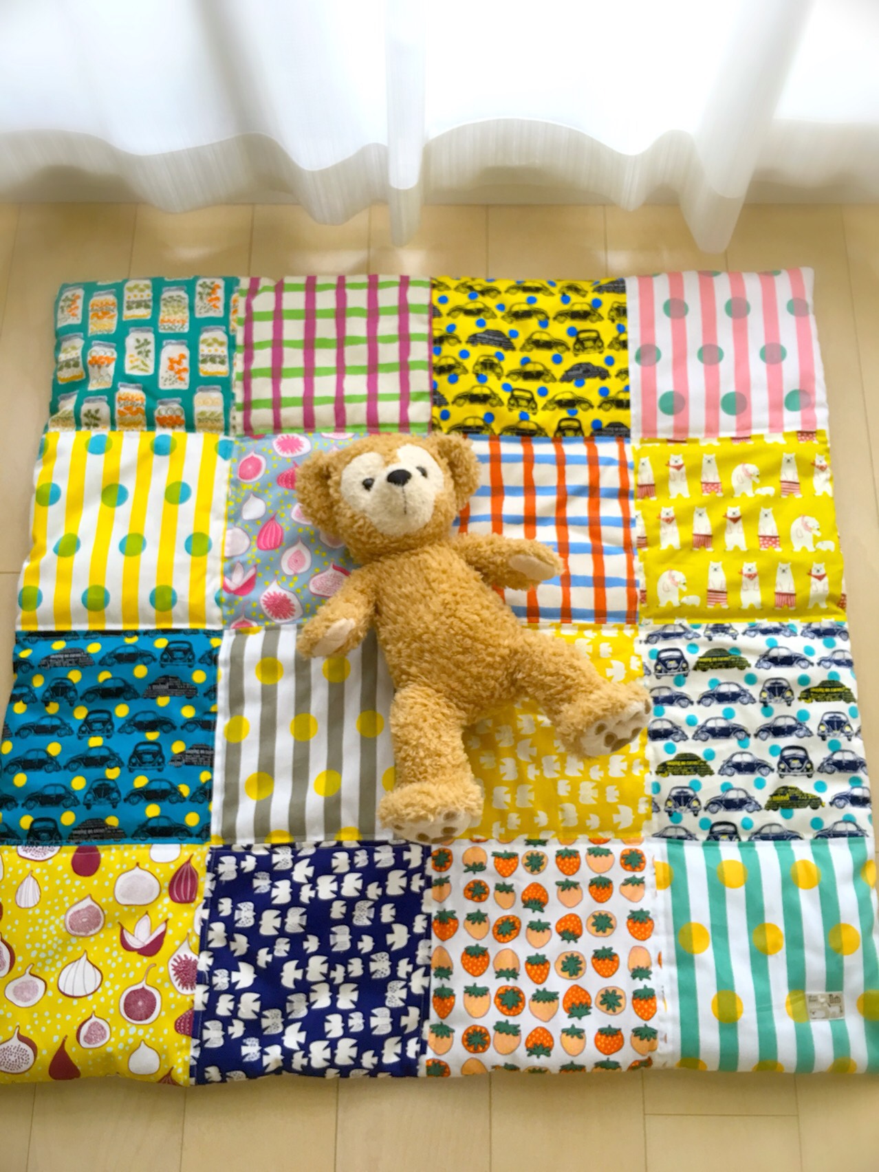 卵かけごはん 四角つなぎのパッチワークマット もめん古布 2点 93cm×93cm 大きな四角つなぎのパッチワーク ベビーマット 寝相アート