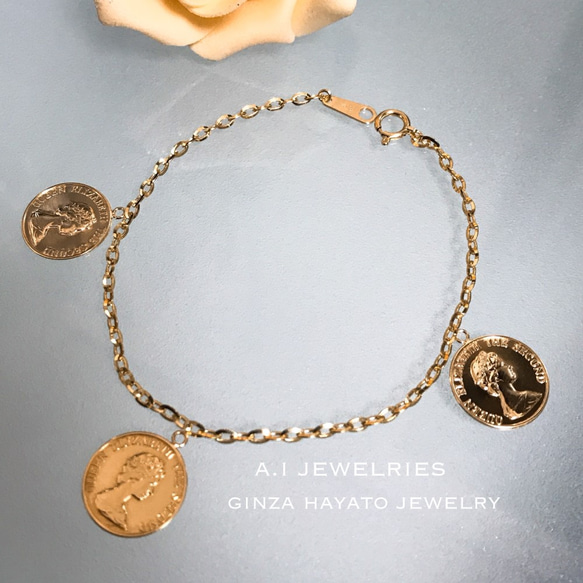 K18 18金 直径 14mm プレスコイン ブレスレット チャーム 付き 18cm coin bracelet 1枚目の画像