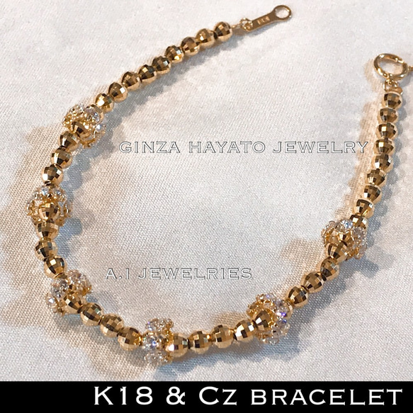 K18 18金 ミラー カット ボール ブレスレット キュービック ジルコニア cz 18cm bracelet 1枚目の画像