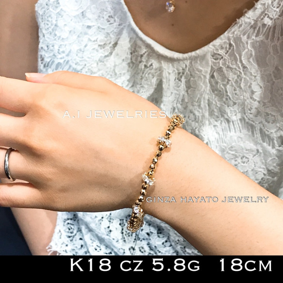 K18 18金 ミラー カット ボール ブレスレット キュービック ジルコニア cz 18cm bracelet 2枚目の画像