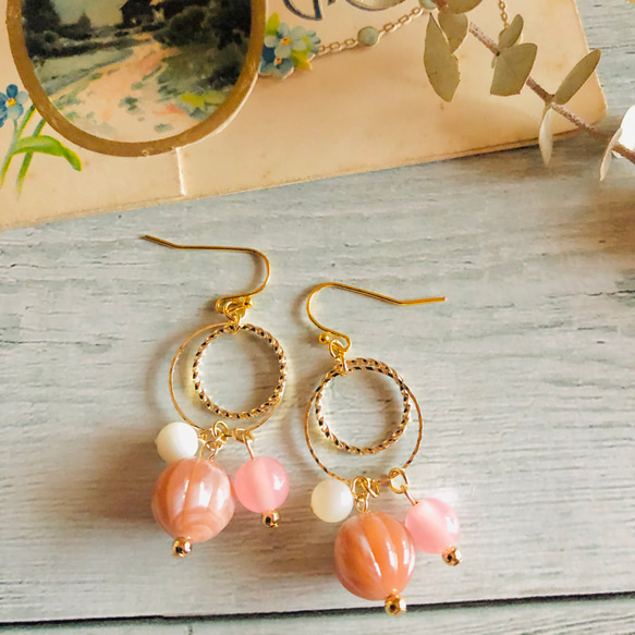 P-336 ピンクビーズピアス/イヤリング ピアス（フック・チェーン 