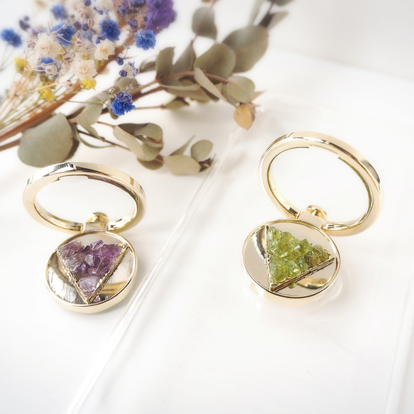 再販8◆誕生石のスマホリング～8月誕生石ペリドット/2月誕生石アメジスト～ 1枚目の画像