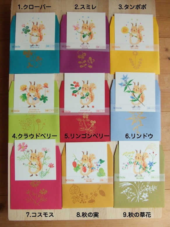 お好きな3種選択　ハンドプリント【エゾリスと野の花のカード】 2枚目の画像