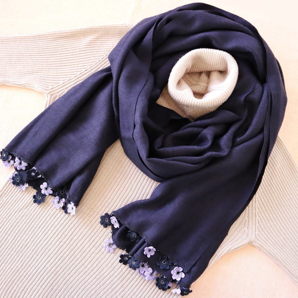 [Made to order] OYA Pashmina shawl [MARY] Navy Blue 第6張的照片