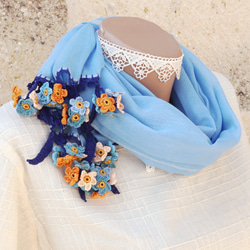 【數量有限】三維蕾絲花棉披肩“Nonohana”天藍色 第6張的照片