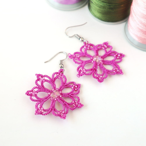 OYA Tatting lace earrings [ORCHID] Fuchsia Pink 第3張的照片