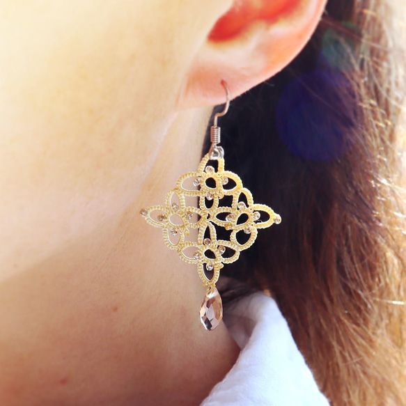 OYA Tatting lace earrings [RHOMBUS] Yellow Gold 第2張的照片