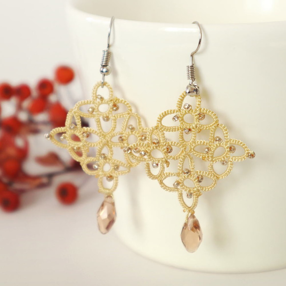 OYA Tatting lace earrings [RHOMBUS] Yellow Gold 第1張的照片