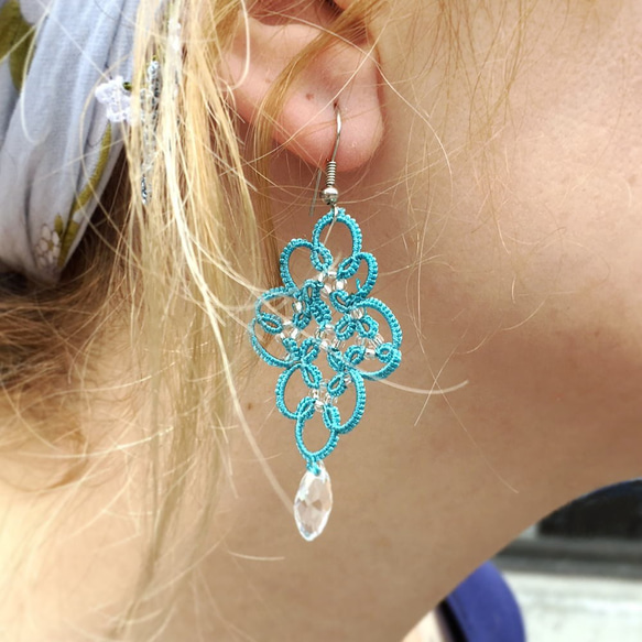 OYA tatting lace earrings [ARABESQUE]Turquoise 第2張的照片