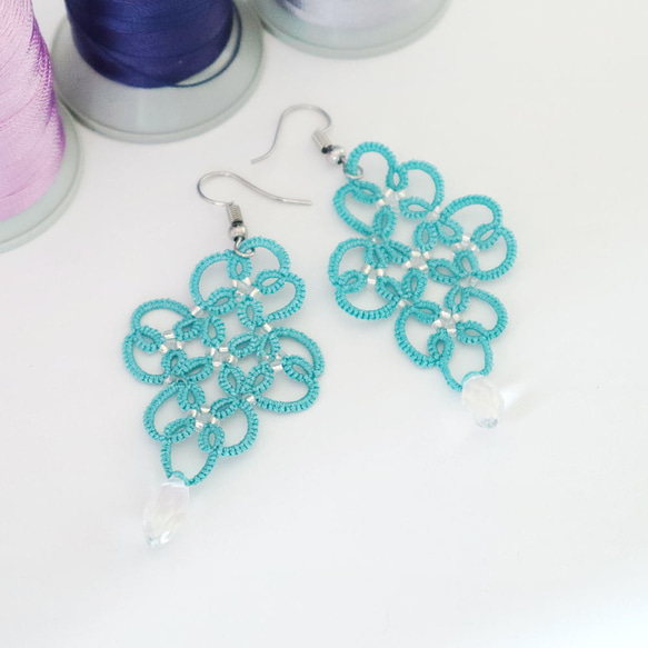 OYA tatting lace earrings [ARABESQUE]Turquoise 第3張的照片