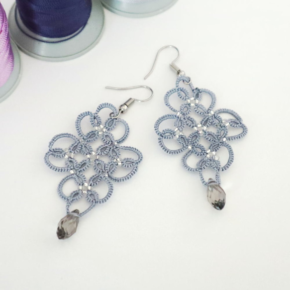 OYA tatting lace earrings [ARABESQUE] Blue Gray 第2張的照片