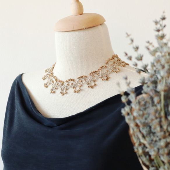 OYA Tatting lace 40cm necklace [GRACE] Beige & Gold 第6張的照片