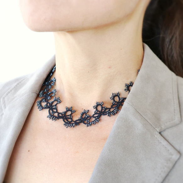 OYA Tatting lace 40cm necklace [GRACE] Smokey Black 第5張的照片