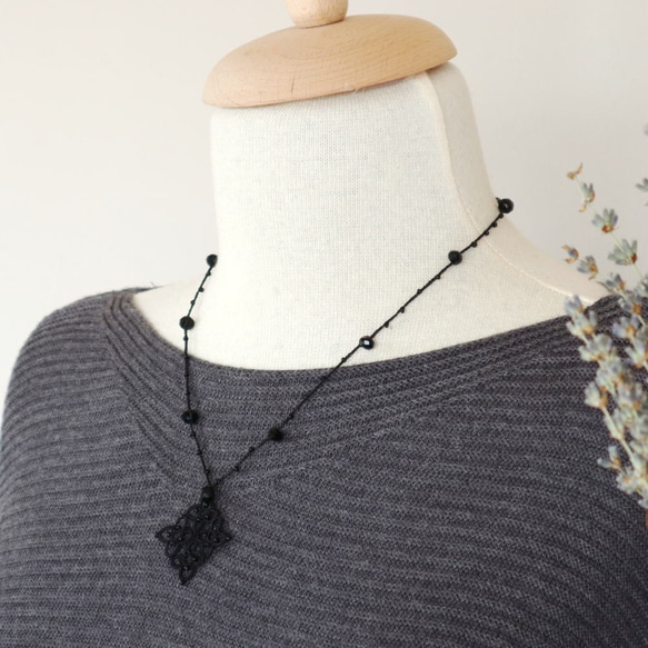 OYA Tatting lace 50cm necklace [RHOMBUS] Black 第1張的照片