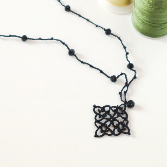 OYA Tatting lace 50cm necklace [RHOMBUS] Black 第2張的照片