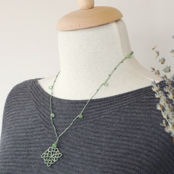 OYA Tatting lace 50cm necklace [RHOMBUS] Garden Green 第1張的照片